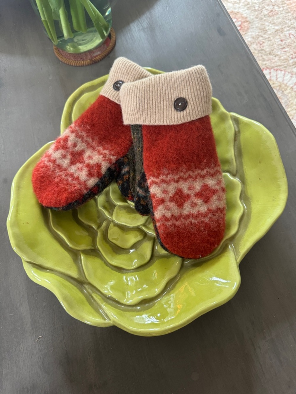 Handmade Cozy Red Woolen Nordic Pattern Mittens with Cream Cuffs